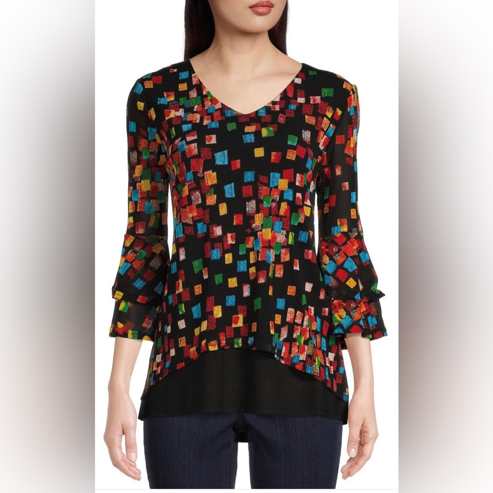 NWT Calessa Abstract Geometric Print Stretch Mesh Jewel Neck Tunic Sz S